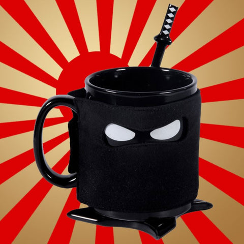 Black Mug With Samurai Spoon And Ninja Star Coaster