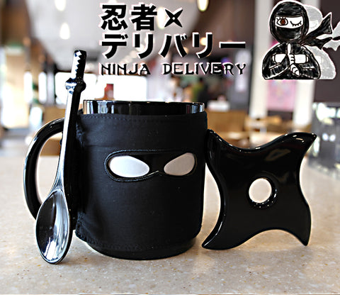 Ninja Mug with Samurai Spoon and Shuriken Coaster
